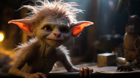 a cute troll, illuminated with cinematic lighting, confidently stands against a wooden backdrop. the precisionist lines and meticulously crafted scene create a rich and immersive atmosphere. this close-up shot, captured with the sony fe 85mm f/1.4 gm lens, showcases the intricate details of the troll's features. perfect for goblin academia enthusiasts. ai generatedの素材