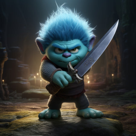 blue ballheaded character holding a sword in an animated movie. the style is inspired by bill gekas, goblin academia, and tiago hoisel, featuring multidimensional shading and textured shading. the character's design has elements of junglepunk and a sharp, prickly appearance. ai generatedの素材