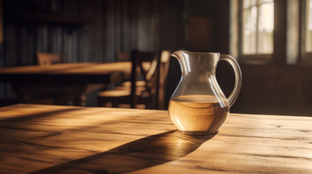 a wooden table with a pitcher of water sits in the center, capturing contrasting light and shadow. this composition exudes rustic americana vibes, enhanced by the golden light that bathes the scene. the translucent water in the pitcher adds a touch of elegance, while the flat form of the table adds a hint of social commentary. ai generatedの素材