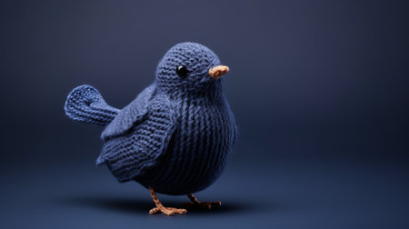 a crochet bird is featured in this stock photo, captured in the style of vray tracing. the bird is made with dark azure yarn and has a playful character design. the image has a low depth of field, showcasing the intricate details of the crochet work. the monochromatic imagery creates a visually striking effect, with light indigo and dark gray tones. perfect for playful still-lifesの素材