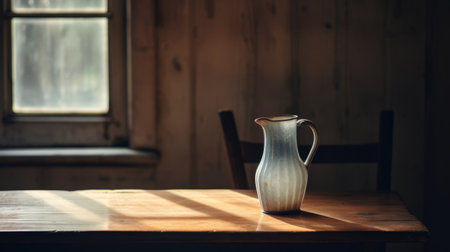 a wooden table, reminiscent of the style of tokina at-x 11-16mm f28 pro dx ii, is placed outdoors. the play of light and shadow creates an intriguing effect on the surface. the table is adorned with quirky pottery, adding a touch of uniqueness. sunrays gently shine upon it, highlighting the fine lines and delicate curves. this composition evokes a post-painterly aesthetic. ai generatedの素材