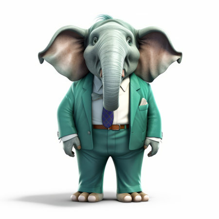 a cartoon elephant wearing a blue coat and holding a tie, created in the style of zbrush. this white and green character showcases realistic portraitures and inventive character designs, with balanced proportions. the satirical commentary adds an extra layer of depth to this imax-worthy creation. ai generatedの素材