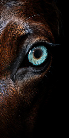 the brown horse's eye, captured in a close-up shot, showcases a mesmerizing blend of dark sky-blue and aquamarine hues. this photograph beautifully highlights the intricate details of the equine anatomy, with a focus on dark compositions and a dramatic chiaroscuro effect. the backlight adds depth to the portrait, while the birds-eye-view perspective enhances the photorealistic quality of the composition. ai generatedの素材
