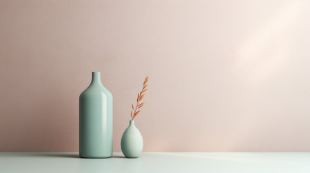 green empty vase and dandelion on a marble table, featuring a light pink and sky-blue color scheme. rendered in cinema4d, this image showcases minimalist backgrounds with light orange and light beige accents. the design exudes an industrial and product design aesthetic, highlighting texture-rich surfaces and a terracotta-inspired vibe. ai generatedの素材