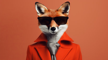 a fox wearing sunglasses and a collared shirt stands confidently against a brown background. this bold fashion photograph showcases 3d elements, bright colors, and bold shapes. with an understated sophistication, the image exudes charm and features sleek details. ai generatedの素材