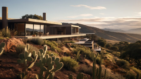 the modern ranch house, rendered in cinema4d, is nestled on the side of the hills. its design showcases botanical abundance, with a color palette of dark silver and light amber. the otherworldly landscapes surrounding the house create a captivating backdrop for the constructed photography. dynamic outdoor shots capture the horizons in all their glory. ai generatedの素材