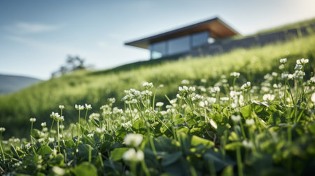 a house in the style of georg jensen and bjarke ingels sits on a grassy slope, surrounded by lush green grass. the image showcases beautiful bokeh and flower and nature motifs. captured by ezra stoller, this uhd photograph exhibits a shallow depth of field, highlighting the stunning details of the house and its natural surroundings. ai generatedの素材