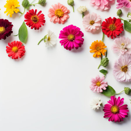 colorful flowers bloom vibrantly against a clean white background, embodying the essence of minimalist aesthetics. this captivating photo captures the essence of poetcore and nature-inspired art, with its elaborate borders adding a touch of elegance. it evokes fleeting moments and draws inspiration from mingei, while subtly critiquing consumer culture. ai generatedの素材