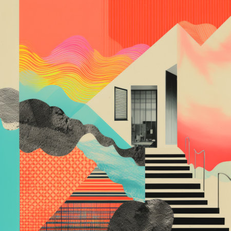a colorful poster featuring a man standing at the top of a staircase. the poster showcases dreamlike architecture and layered patterns, creating an interactive artwork. inspired by synthetism, it depicts everyday life with zigzagging lines and layered imagery. ai generatedの素材