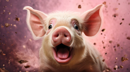 a pink pig, inspired by the style of caras ionut, stands out against a vibrant red background. with joyful chaos and explosive pigmentation, this uhd image captures the expressive eyes of the pig, reminiscent of the works of david nordahl and rachel whiteread. ai generatedの素材