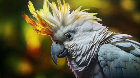 a white and yellow parrot perches gracefully amidst the dark foliage, showcasing vibrant caricatures and spiky mounds. created in the style of zbrush, this artwork combines photo-realistic techniques with blink-and-you-miss-it detail. the brushwork exploration adds an extra layer of depth to this captivating image. ai generatedの素材