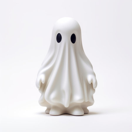 a white ghost with a black eye sits on a white surface, showcasing fine detailed and charming character design. this haunting figurative, made of plastic, features a unique style of quantum wavetracing. with its light orange and white color scheme, it serves as a thought-provoking critique of consumer culture. ai generatedの素材