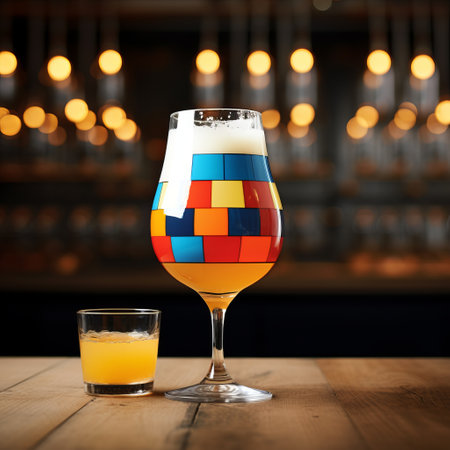 a glass of orange juice and a beer are depicted in this vibrant photo, showcasing colorful geometrics in light indigo and dark amber hues. the code-based creations feature vivid color blocks, resembling colourful mosaics. the innovative techniques used in this artwork pay homage to the absinthe culture. ai generatedの素材