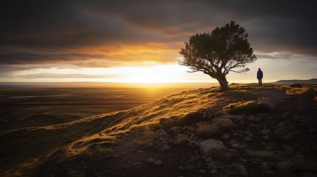 a man stands on a hilltop, gazing at a vast landscape during a breathtaking sunset. this photo, inspired by the style of janek sedlar, captures the essence of photo-realistic landscapes. the scene exudes a romantic and dramatic ambiance, reminiscent of scottish landscapes. ethereal trees add to the enchanting atmosphere, while the backlit photography technique creates a play of light and shadows, with hints of lightの素材