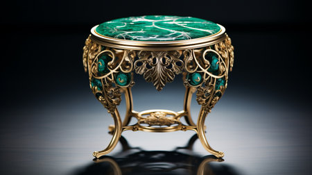 emerald stool with an ornate design, inspired by the style of dmitry vishnevsky. this exquisite piece showcases the use of precious materials and reflects the influence of guido borelli da caluso and hector guimard. the polished metamorphosis of the stool's craftsmanship is a testament to timeless artistry. ai generatedの素材