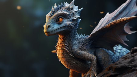 an animated blue dragon with glowing eyes sits on a rock in a close-up shot. the dragon is depicted in a hyper-realistic style, resembling vray tracing and digitally enhanced with the use of zbrush. the dark silver and light orange colors add depth and contrast to the image, creating a visually captivating scene. ai generatedの素材