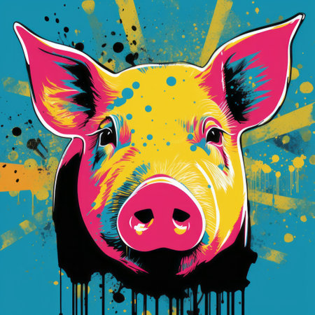 a graphic pig head with red and blue paint splashes, in the style of pop art illustrations. the pig head is depicted with dark yellow and light pink colors, showcasing the influence of murals and wall drawings. the heavy inking adds depth to the image, while the high-contrast shading enhances the overall impact. this artwork combines elements of grocery art, animals, and people. ai generatedの素材