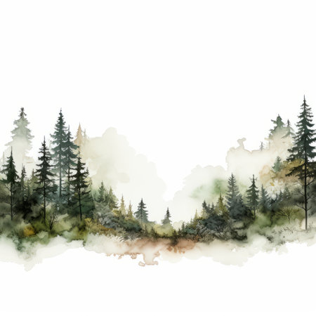a watercolor illustration of a forest in u00c9ad style, featuring watercolor vectors. the illustration showcases a tasteful use of negative space with elaborate borders. the color palette consists of light gray and dark emerald, with hints of dark green and amber. the nature-inspired installations and transparent layers create a romanticized depiction of the wilderness. ai generatedの素材