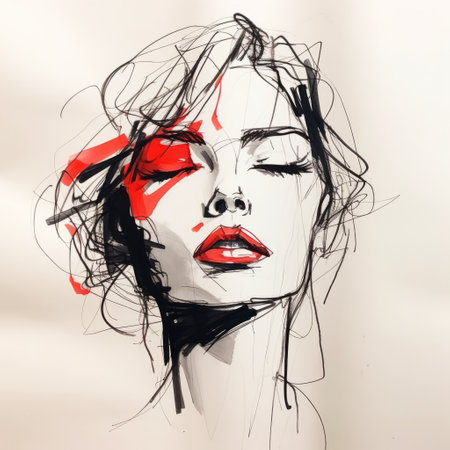 a sketch of a woman, inspired by the styles of inessa garmash and florian nicolle, features two arrows drawn on her face with red lipstick. the sketch is done in a loose and fluid style, using light black and red tones. the emotional gestural strokes create a fanciful illustration with a loose composition. ai generatedの素材