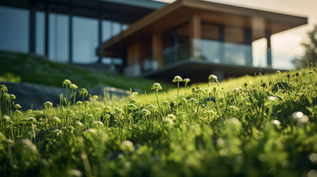 green grass growing beside a house, captured in a nature-inspired, award-winning uhd image with vray tracing. the soft edges and blurred details give it a whistlerian aesthetic, showcasing the botanical abundance surrounding the house. ai generatedの素材