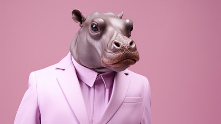 a man in a suit wearing a hyperrealistic hippopotamus figurine. this bold fashion photography showcases vibrant illustrations in light magenta and light gray. the close-up shot captures the elegant and emotive face of the man, adding a touch of futuristic sleekness to the composition. ai generatedの素材
