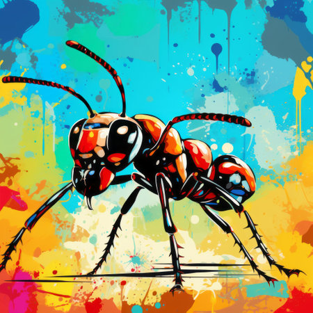 a vibrant and eye-catching painting featuring a red, orange, and yellow ant in the style of noir comic art. the artwork showcases a simplistic vector art technique with colorful ink wash paintings. the use of organic material and high-contrast shading creates a visually striking composition, with dark orange and sky-blue hues adding depth and intrigue. ai generatedの素材