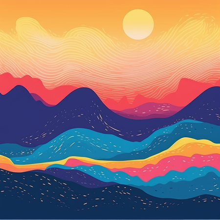 a vibrant watercolor landscape featuring hills and mountains against a stunning sunset backdrop. the artwork showcases a unique style characterized by wavy lines, organic shapes, and bold, pop art flat colors. the fluid and flowing lines create a sense of movement, reminiscent of pointillist seascapes. this captivating piece is a visual feast of dynamic lines and vibrant hues. ai generatedの素材