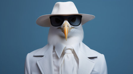 a white suit with a white collar is showcased in this photo, reminiscent of naturalistic bird portraits. the image incorporates iconic pop culture references and photo-realistic hyperbole, capturing the viewer's attention. the solarizing master's touch adds a touch of futurist claims to the navy-colored suit, creating a striking and sharp focus. ai generatedの素材