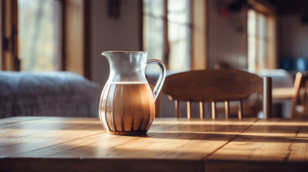 brown wooden dining table in kitchen featuring a quirky pottery centerpiece. the table is designed in the style of laowa 100mm f2.8 2x ultra macro apo lens, capturing the tonalist and translucent colors of rural life scenes. the photorealistic representation showcases poured artistry, adding a unique touch to the overall aesthetic. ai generatedの素材