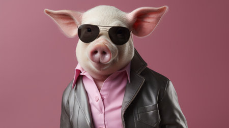 an attractive pig wearing sunglasses, a pink jacket, and a grey shirt is captured in this photograph. the pig's stylish attire, reminiscent of mike campau's artistic style, adds a touch of elegance to the image. this unique portrait showcases the pig's nonrepresentational and celebrity-inspired fashion sense, making it a visually captivating piece. ai generatedの素材