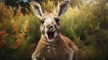 a kangaroo playfully stands in the grass, holding its mouth in a captivating and emotionally charged portrait. this photobashing style image, reminiscent of honeycore aesthetics, captures the joyful essence of the kangaroo. a contest winner, this national geographic photo showcases the unique beauty and charm of this iconic australian animal. ai generatedの素材