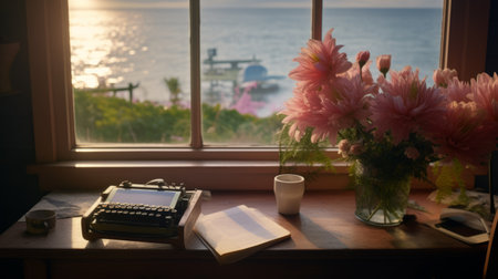 an old typewriter, reminiscent of the bloomsbury group era, is placed on a desk overlooking a breathtaking ocean view. captured with the hasselblad h6d-400c, this image combines the charm of captivating floral still lifes with the romantic visions of a writer's academia. the light pink hues and the nostalgic windows vista aesthetic add to the overall allure of this composition. ai generatedの素材