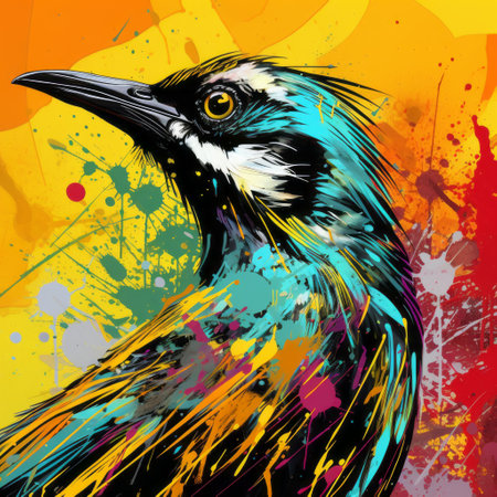 a bird perched on a vibrant yellow piece of paper, adorned with red coloring. the artwork showcases the distinct style of a dark turquoise and dark black action painter, evoking a colorful impressionistic feel. the eye-catching composition, with high-contrast shading and the use of a paint dripping technique, beautifully captures the essence of a colorful fauna. ai generatedの素材