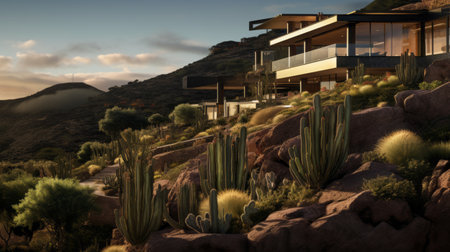 the hillside luxury house features a stunning large pool that offers breathtaking views of scottsdale. the house is designed in the style of vray tracing, creating a visually striking and realistic landscape. the italian landscapes surrounding the property add to its charm, with captivating chiaroscuro and delicately rendered coastal landscapes. ai generatedの素材
