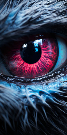 a close-up photograph capturing the hyper-detailed, realistic sculpture of a bird's eye with a striking red color. this dragon art-inspired image features a dark pink and light blue palette, creating a horror-inspired atmosphere. shot in 32k uhd resolution, the photograph showcases the intricate details of the eye, resembling hyper-detailed illustrations. ai generatedの素材