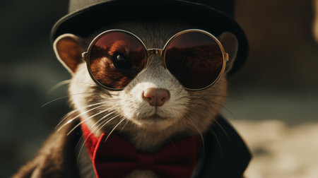 a funny ferret is seen wearing glasses, a white shirt, a bow tie, and a top hat, reminiscent of the film noir aesthetic. the ferret's attire, in light brown and red, adds a touch of timeless artistry to the image. with a chrome-plated, solapunk vibe, this high-resolution photo captures the unique bond between animals and people. (55 words), ai generatedの素材