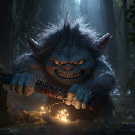 a troll, depicted in a realistic and hyper-detailed style, is seen using a flashlight to wash away lint in the forest. the image, created using bryce 3d software, showcases a light gray and indigo color palette, resulting in photorealistic renderings. the troll's strong facial expression adds to the overall impact of the neogeo-inspired artwork. ai generatedの素材