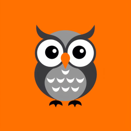 an owl is depicted in a simplistic vector art style, set against an orange background. the owl is rendered in dark gray and light gray tones, reminiscent of children's book illustrations. this high-resolution image showcases graphic design-inspired illustrations with crisp details, making it perfect for halloween-themed projects. ai generatedの素材