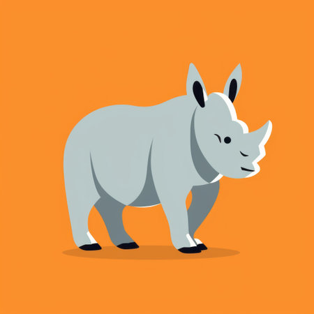 a white rhino stands on an orange background in a simplistic character style. the dark gray, editorial illustrations feature a streamlined design with sharp attention to detail. the color palette includes light gray, blue, light green, and dark gray. ai generatedの素材