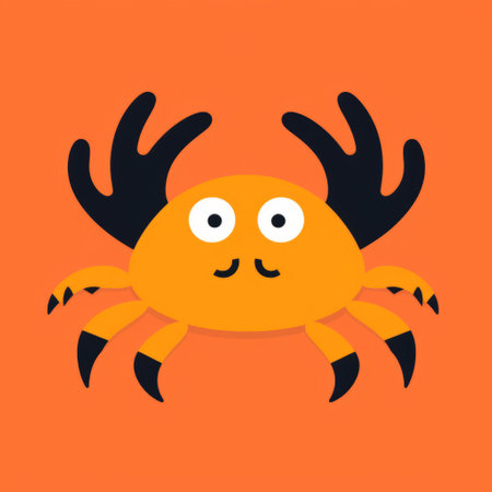 a cartoon crab is depicted on a vibrant orange background, showcasing a minimalist graphic design style. the image has a touch of halloween vibes and is enhanced with a sabattier filter. the illustration is simple yet colorful, making it suitable for animated illustrations, children's book illustrations, and dark and spooky themes. ai generatedの素材