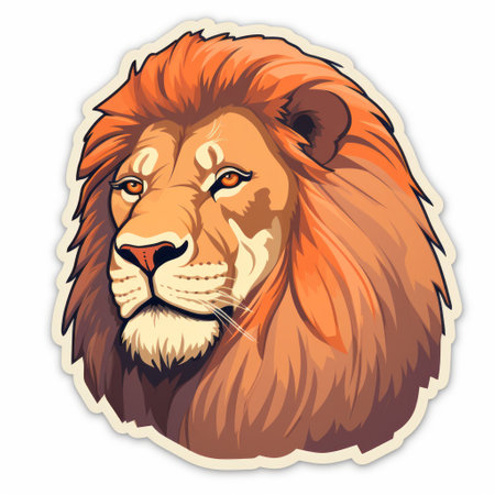 a lion head sticker illustration featuring flat shading and hyper-realistic animal style. the design showcases shades of orange and beige, creating a visually striking image. this detailed character illustration is rendered with redshift technology, resulting in a high-quality 20-megapixel image. ai generatedの素材