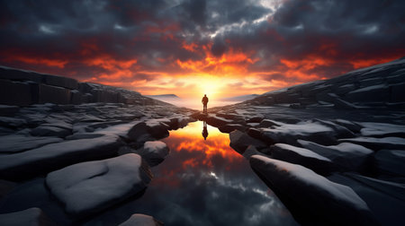 an isolated person stands in the middle of a rocky lake, surrounded by surreal 3d landscapes. the sun shines in the background, creating a dramatic atmosphere. this photo, inspired by artists like noah bradley and chris friel, combines elements of reflex reflections and frostpunk to create a landscape with social commentary. ai generatedの素材