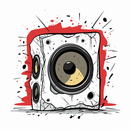 a speaker with paint splashes vector, featuring a dystopian cartoon style. the design showcases a combination of light beige and red colors, capturing a unique aesthetic. shot on fujifilm pro 800z film, the image is set against a concrete backdrop, emphasizing a strong use of color. hand-drawn elements add a touch of creativity, while the overall vibe exudes a wormcore atmosphere. ai generatedの素材