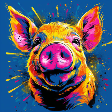 a vibrant artwork showcasing a colorful pig head, inspired by dark humor graphic prints. this high-detailed piece combines vibrant realism with the colorful aesthetics of moebius. the pig's strong facial expression adds to the explosive wildlife theme, creating a cute yet powerful composition. ai generatedの素材