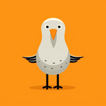 a cute seagull stands on a yellow background, showcasing a simplistic character design. the dark orange and white colors create a crisp and clean look, reminiscent of mike judge's distinctive character design. the graphic design is minimalistic, with a combination of dark orange and light gray tones. ai generatedの素材
