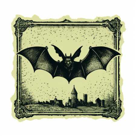 a bat gracefully soars through a dark vintage poster-inspired frame, surrounded by intricate cityscapes. the color palette features a combination of light yellow and dark green, evoking a gothic revival aesthetic. the design incorporates stenciled iconography, showcasing elements of decay and decayed imagery. this captivating illustration captures the essence of psychological phenomena. ai generatedの素材