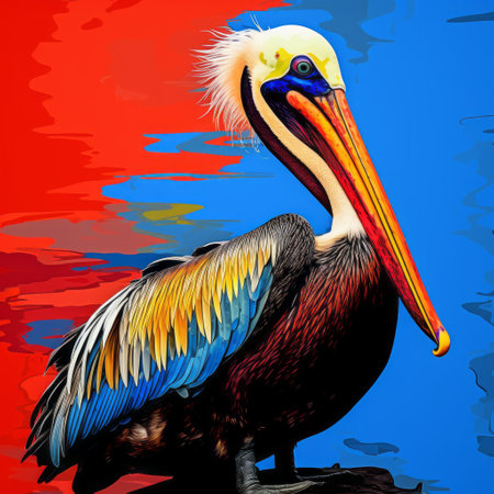 a pelican perches on a rock, surrounded by a vibrant green branch. this colorful graphic art piece showcases bold and saturated colors, with dark crimson and dark azure dominating the scene. the portrait of the pelican is realistic and detailed, capturing the essence of wildlife in an explosive and electric display of color. ai generatedの素材