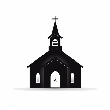 a black and white church icon featuring a steeple and a bended cross. the elegant use of negative space creates a silhouette effect, reminiscent of hauntingly beautiful illustrations. this realistic depiction showcases the strong usage of light and color, resulting in a captivating image. ai generatedの素材