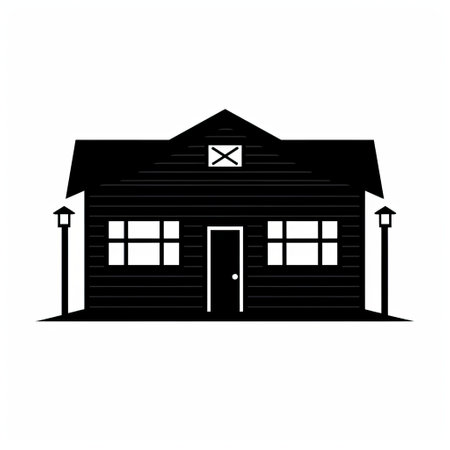 an old rustic house with lights is depicted in this black illustration. the minimalistic symmetry and clean designs give it a simple yet captivating look. the white background enhances the urban signage and personal iconography featured in the artwork. made with wood, this creative commons attribution piece exudes a unique charm. ai generatedの素材