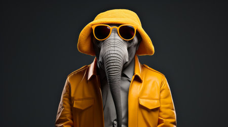 a man wearing sunglasses and a hat stands next to an elephant in a high-tech futurism style. the image showcases a unique fashion photography concept with a dark yellow and silver color palette. the character designs are inventive, featuring distinctive noses. the saturated color scheme adds to the overall visual impact of the photo. ai generatedの素材